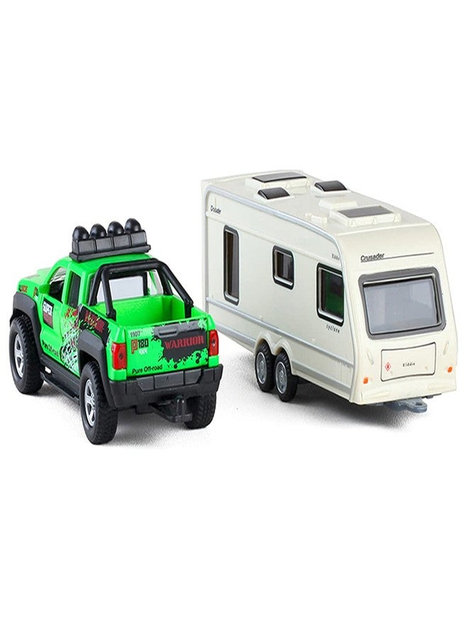 Metanyl Pickup Truck Trailer Towing Toy Camper 2 in 1 Playset RV Motorhome Toys for Boys Diecast Model Car Metal Pull Back Toy Cars 1/36 Scale SUV Doors Open Light Sound Kids Birthday Gifts, Green - Image 4